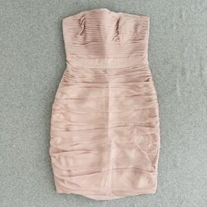 Monique Lhuillier Bridesmaids Dress Womens 8 Pink Strapless Ruched Cocktail Prom